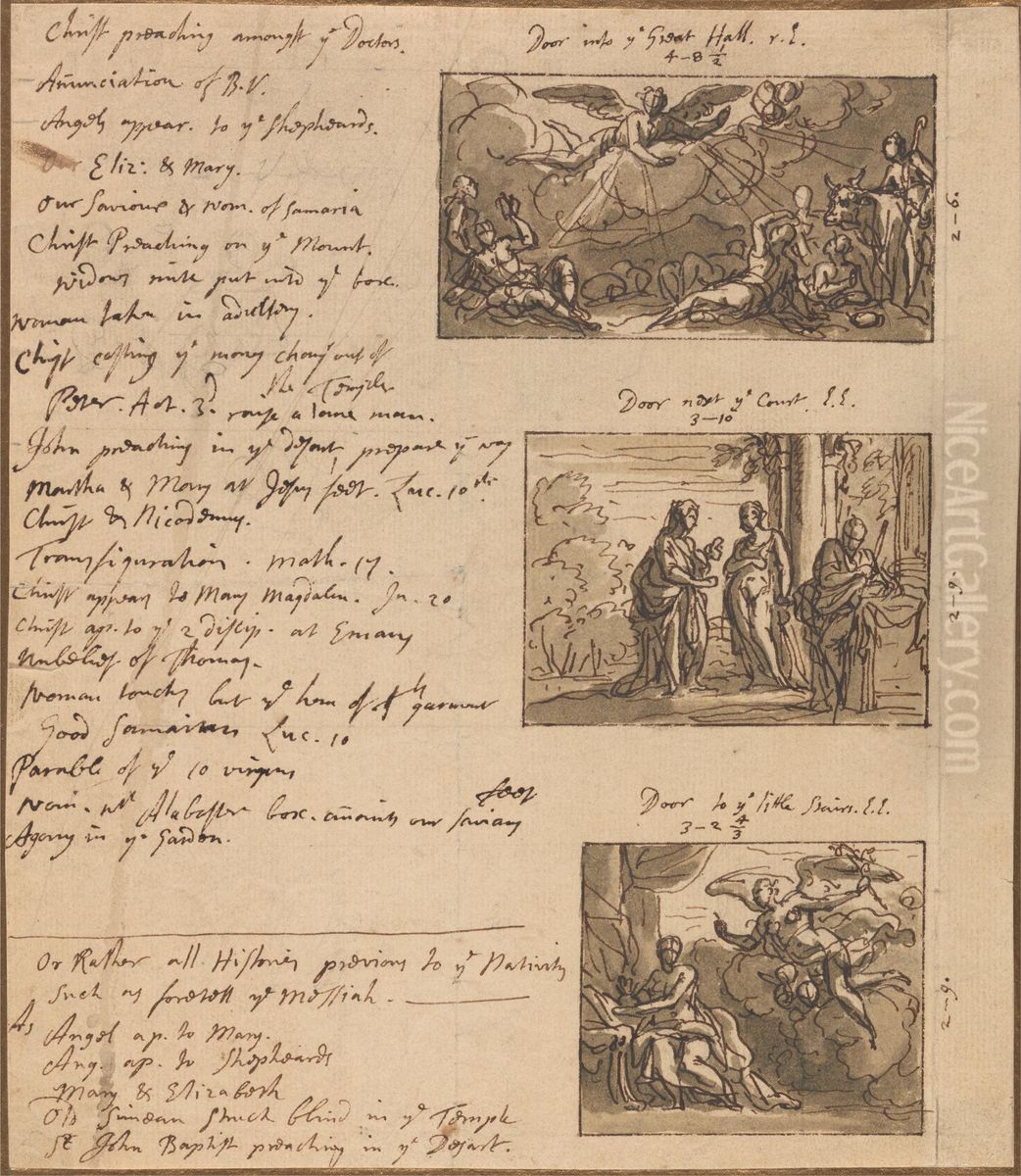 a sheet of notes for a proposed decorative scheme with 3 sketches of paintings for overdoors Oil Painting by James Thornhill