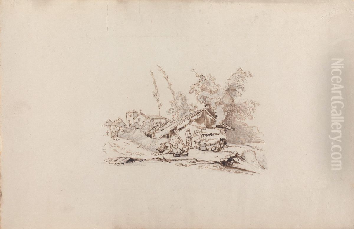 Chinese Working Outside a Hut Oil Painting by George Chinnery