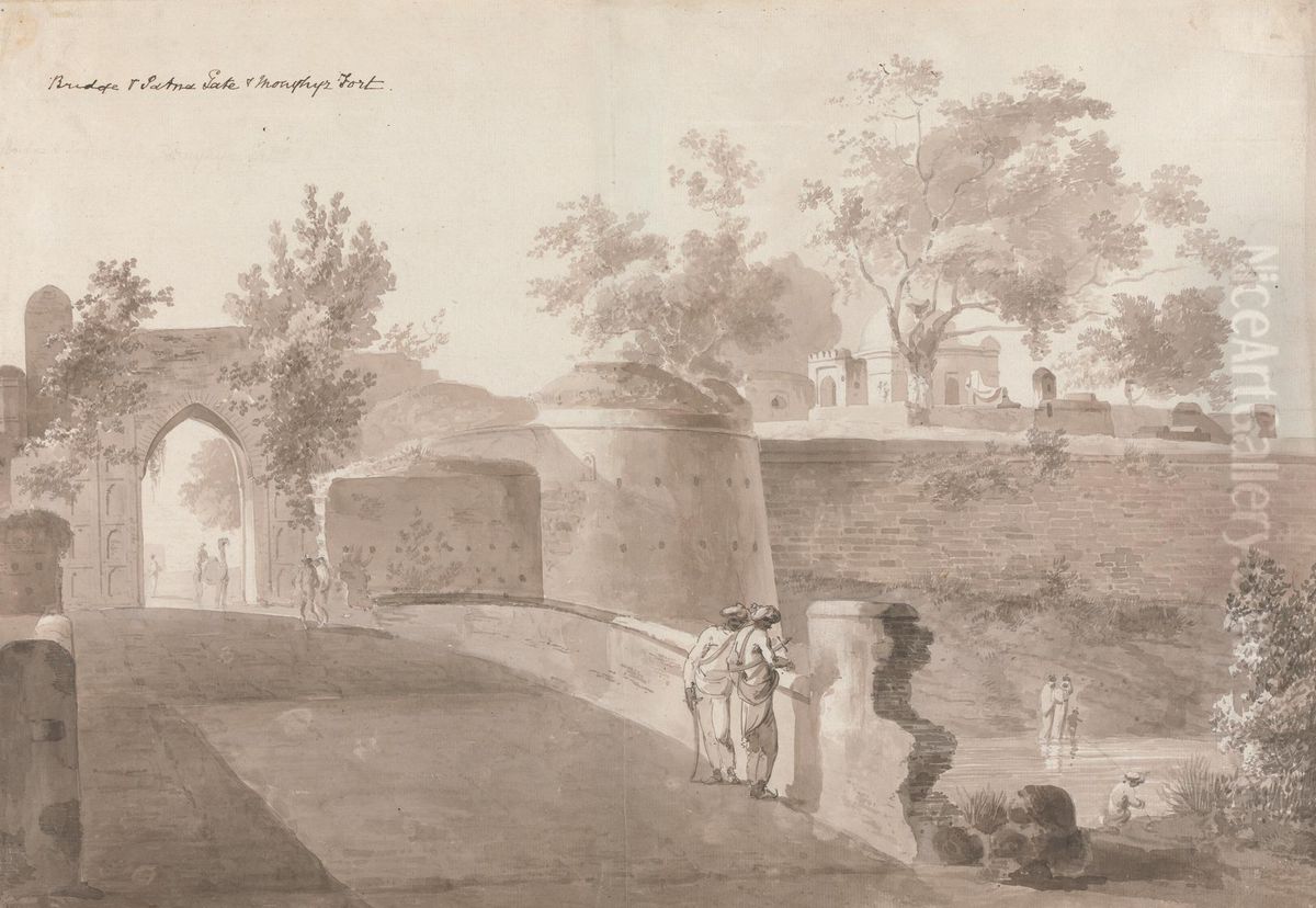 Bridge and Patna Gate and Monghyr Fort Oil Painting by William Daniell RA