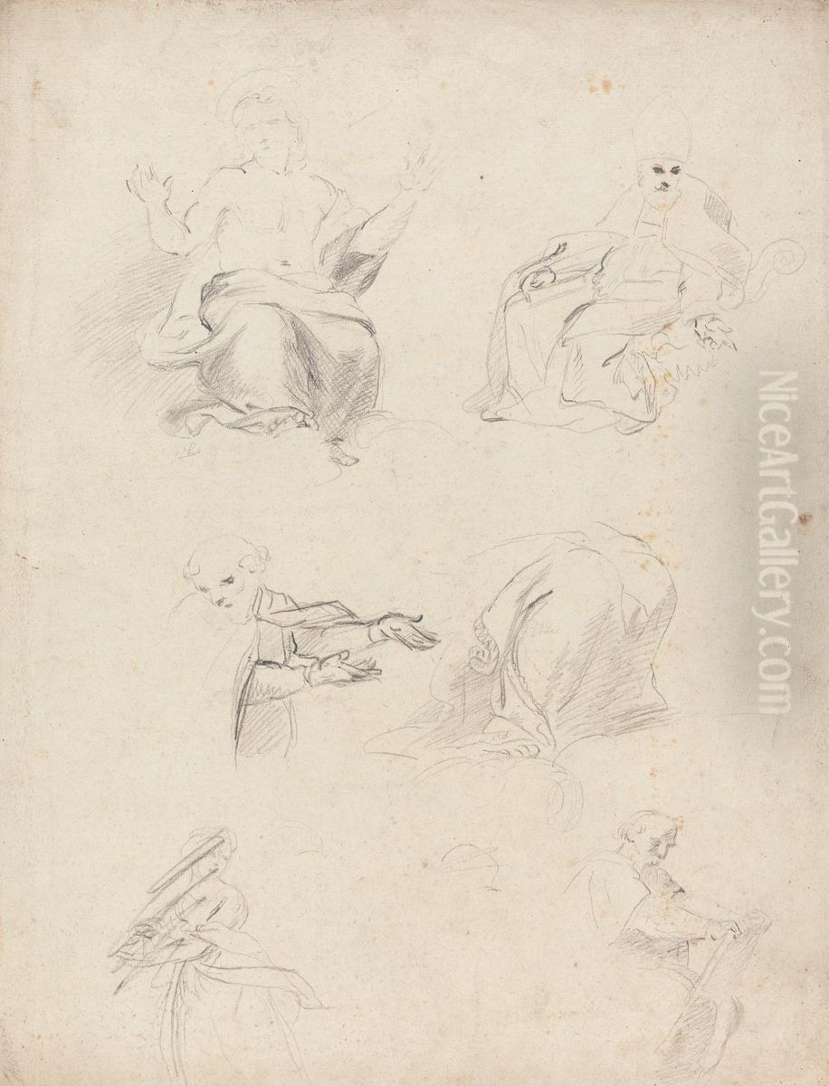 Sheet of Figure Studies from Raphael's Disputation Oil Painting by Of Sir Joshua Reynolds