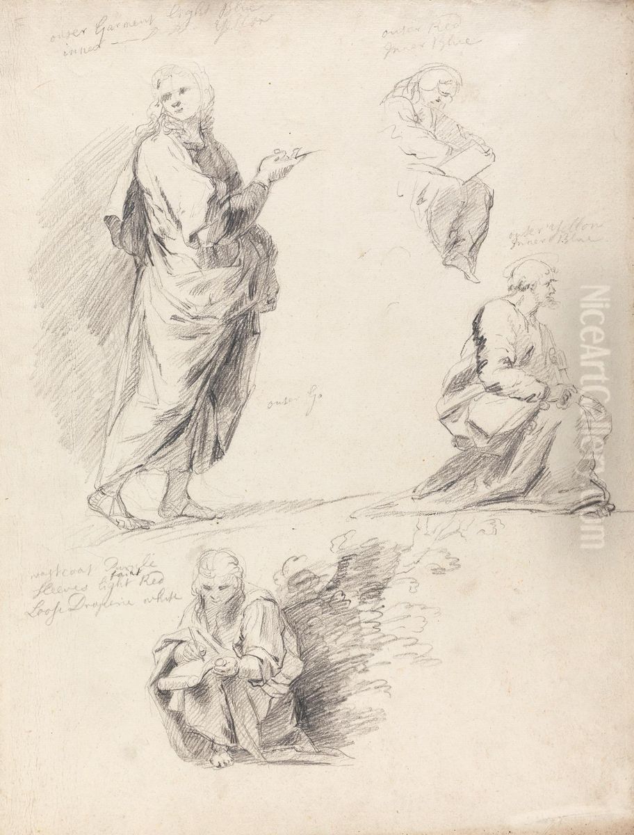 Sheet of Figure Studies from Raphael's Disputation (with separate sheet bearing inscription) Oil Painting by Of Sir Joshua Reynolds