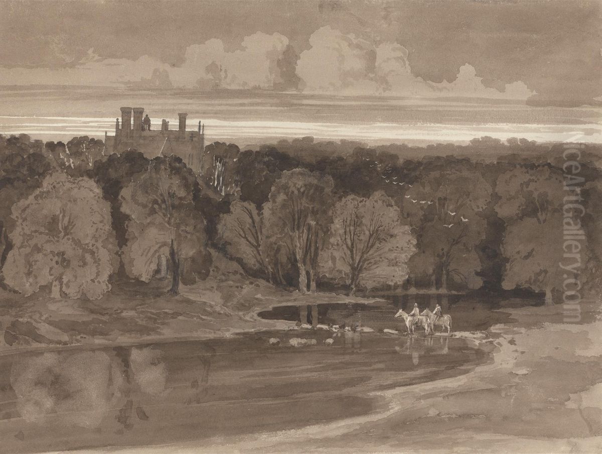 Two Riders Fording a River Oil Painting by Samuel Jackson