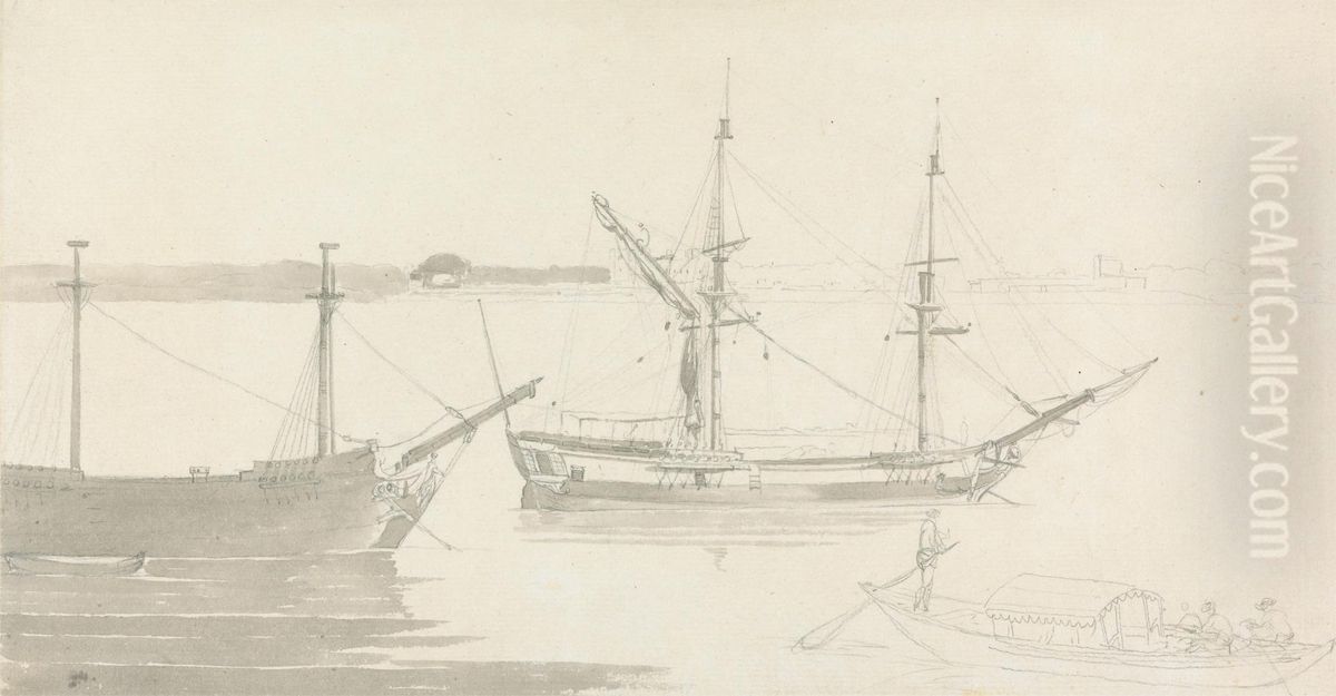 Two Moored Ships and a Fishing Boat Oil Painting by Thomas Daniell