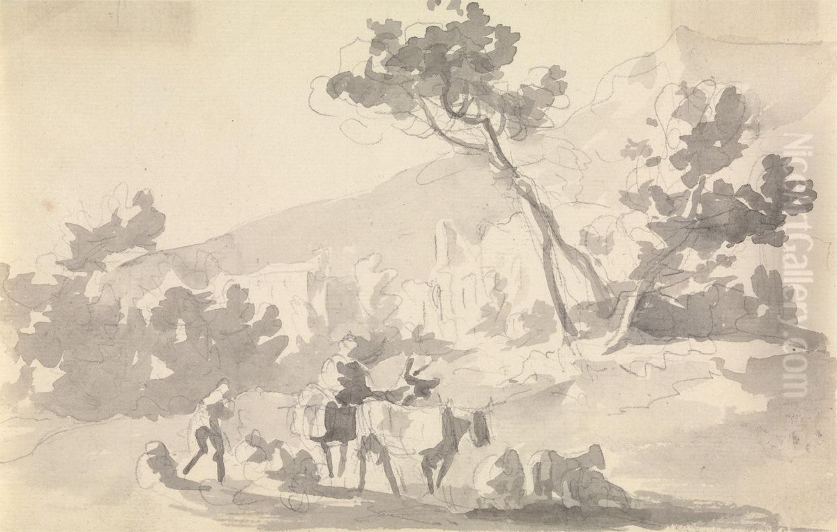 Landscape with Cattle and Figures in Foreground Oil Painting by Sawrey Gilpin