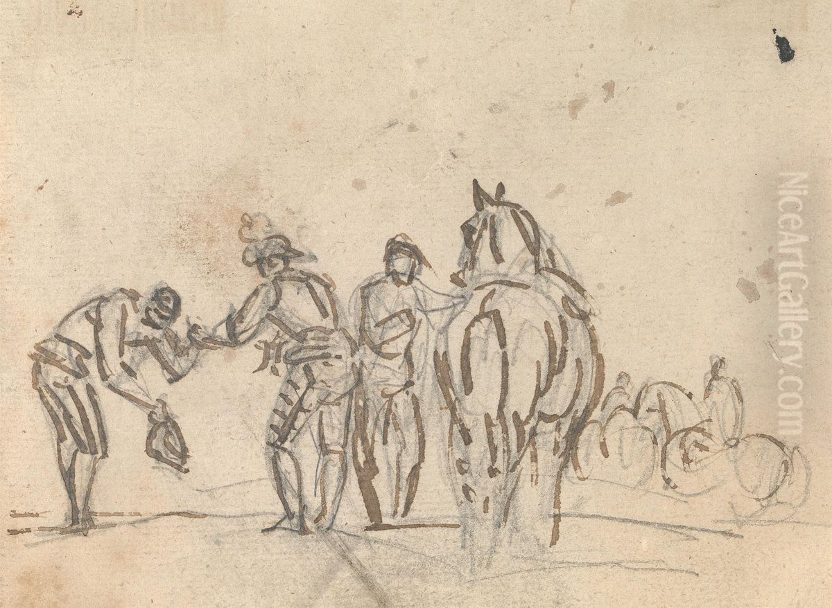 Three Figures beside a Horse Oil Painting by Sawrey Gilpin