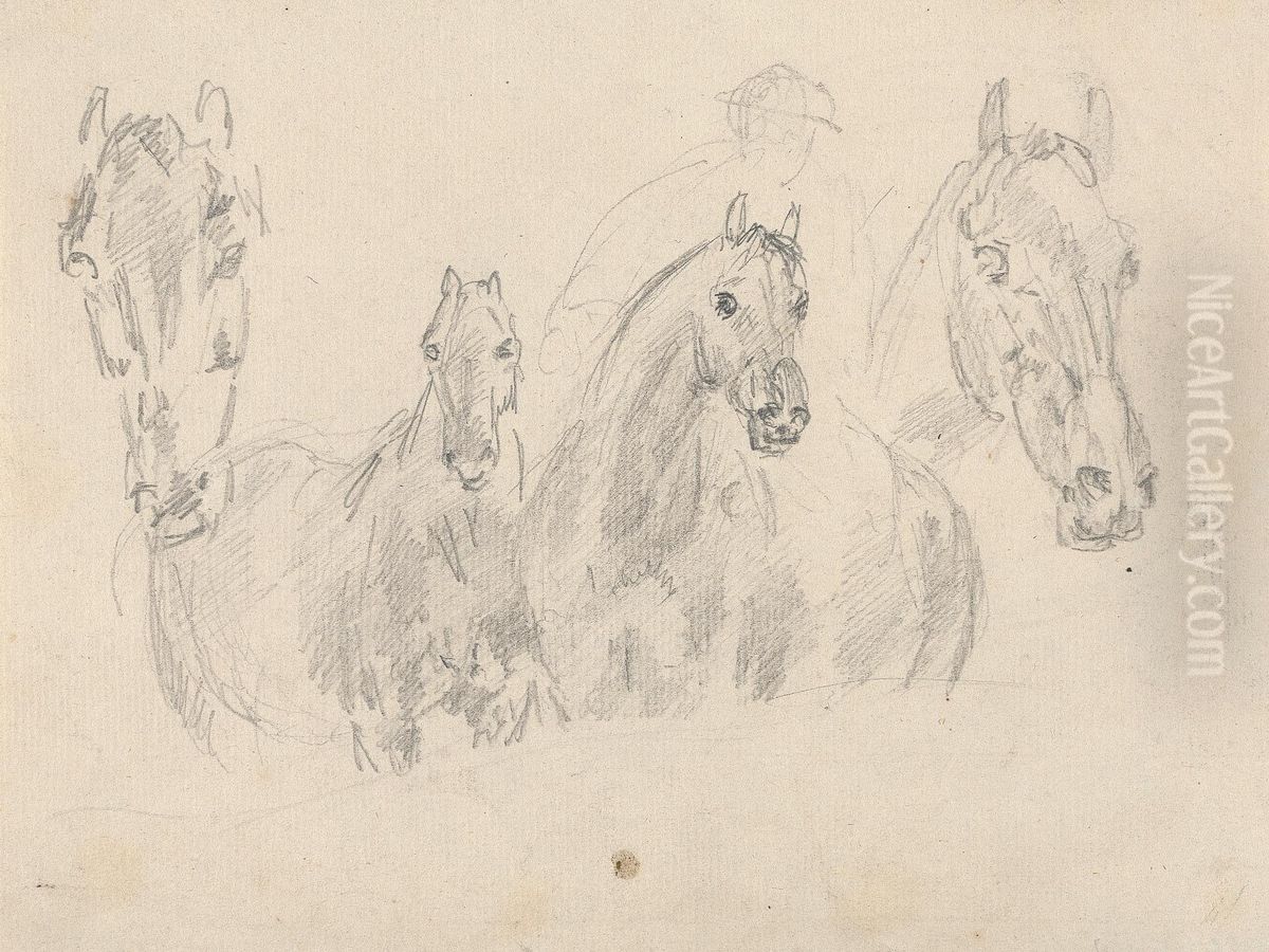 Four horses, figure faintly sketched in background Oil Painting by Sawrey Gilpin