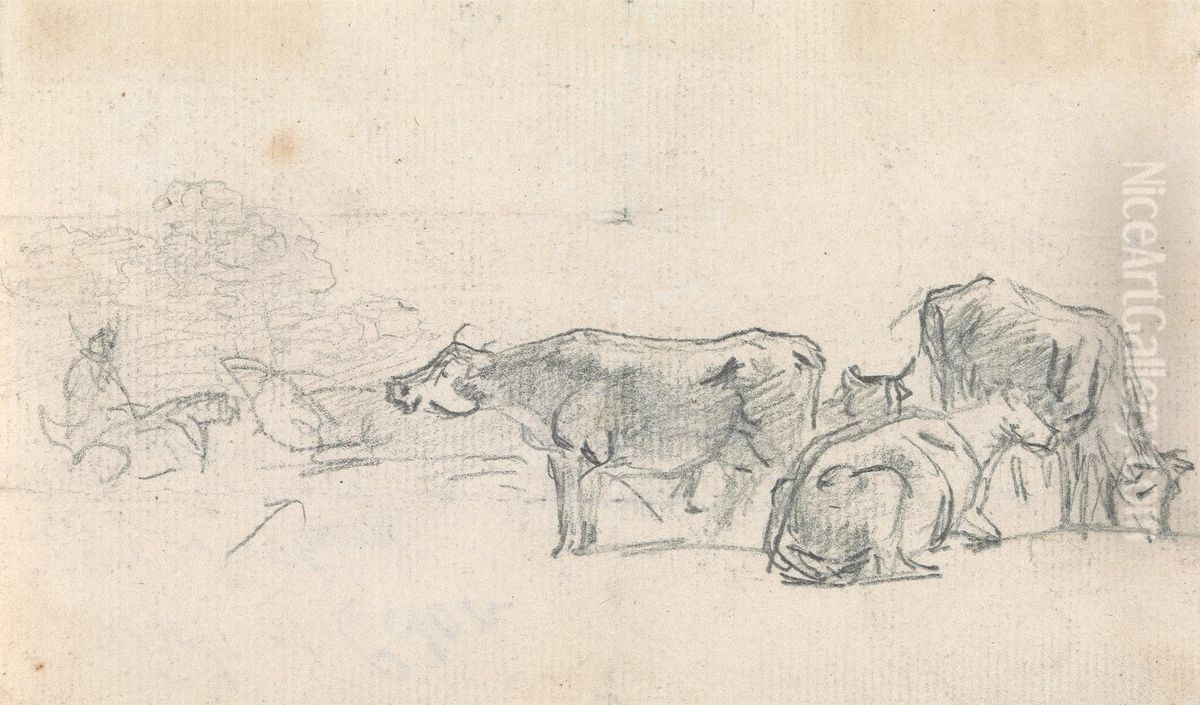 Cattle with herder in background Oil Painting by Sawrey Gilpin