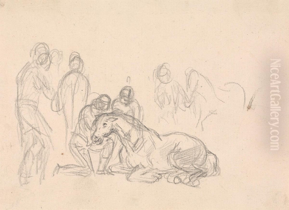 Two figures kneeling beside a horse... Oil Painting by Sawrey Gilpin