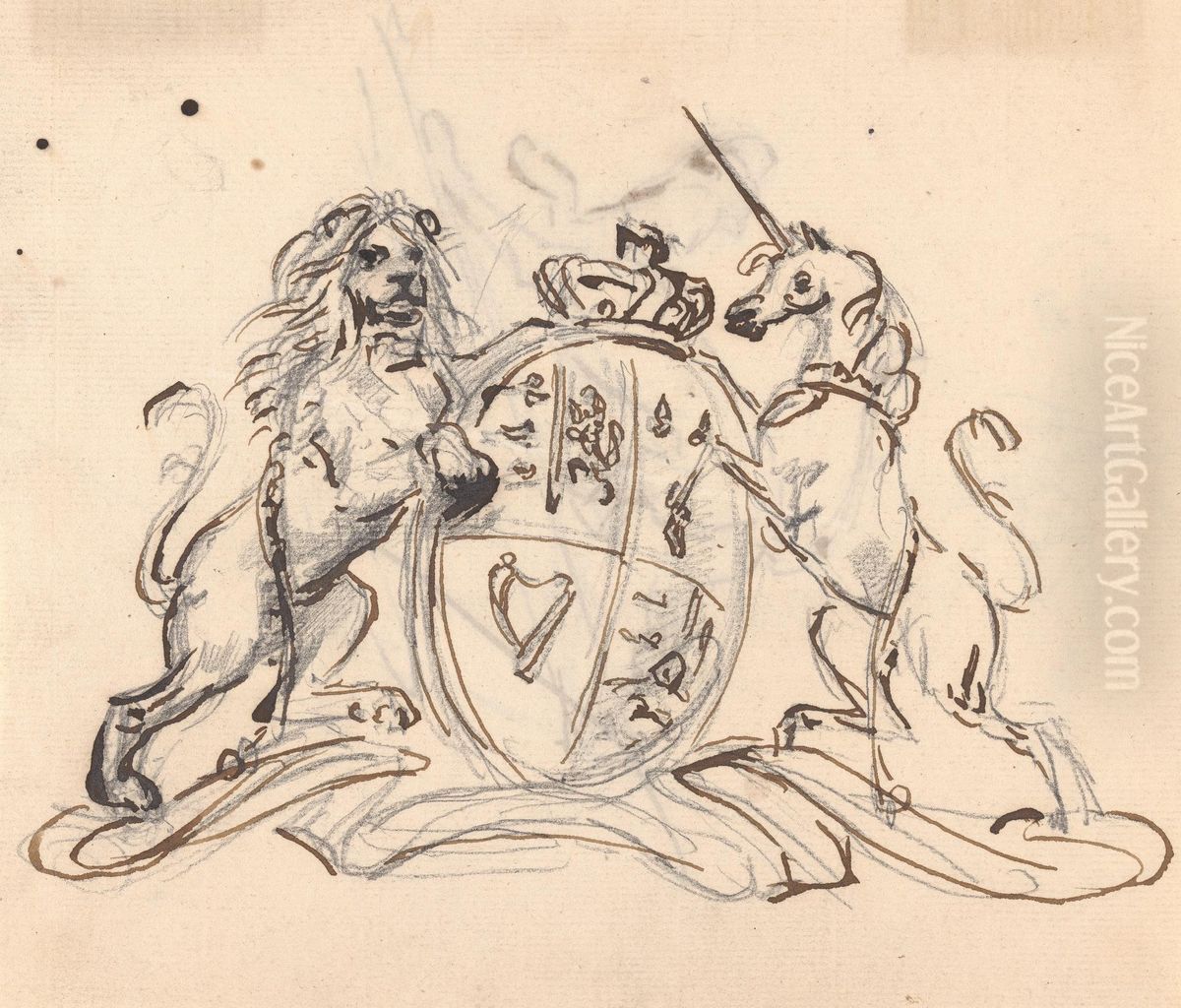 Coat of Arms flanked by a Unicorn and Lion Oil Painting by Sawrey Gilpin