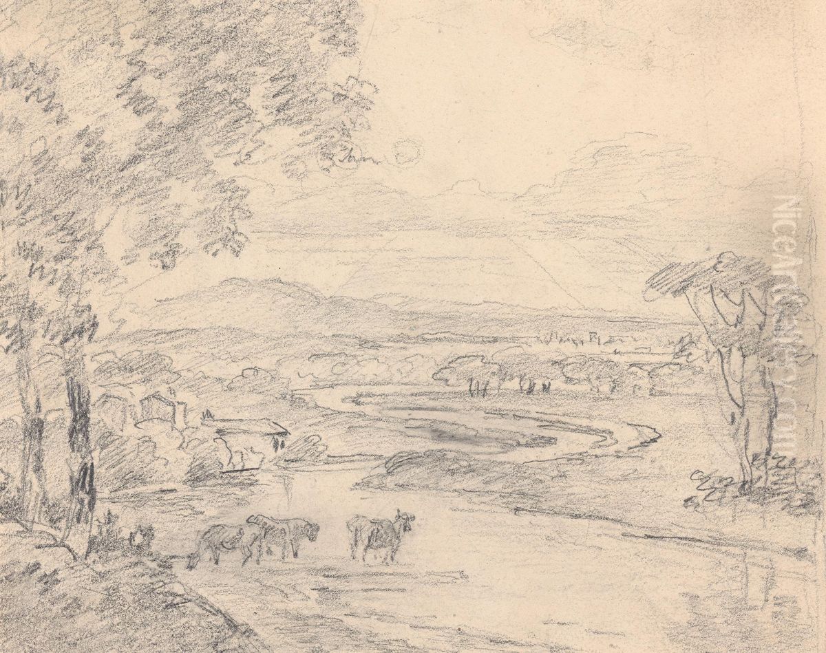 Country landscape with cattle crossing a stream Oil Painting by Sawrey Gilpin