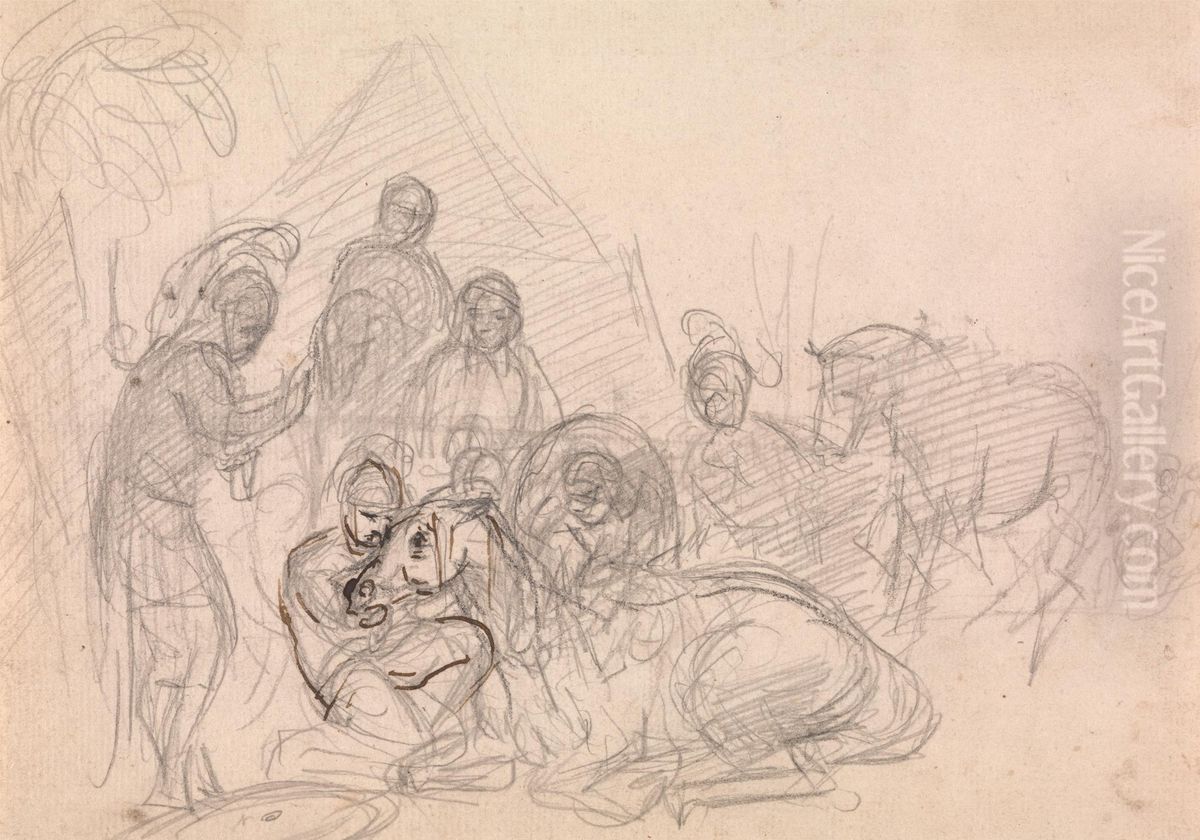 Armored men attending a fallen horse Oil Painting by Sawrey Gilpin