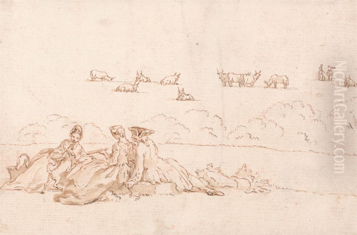 Two Ladies and a Gentleman Oil Painting by Hubert-Francois Gravelot