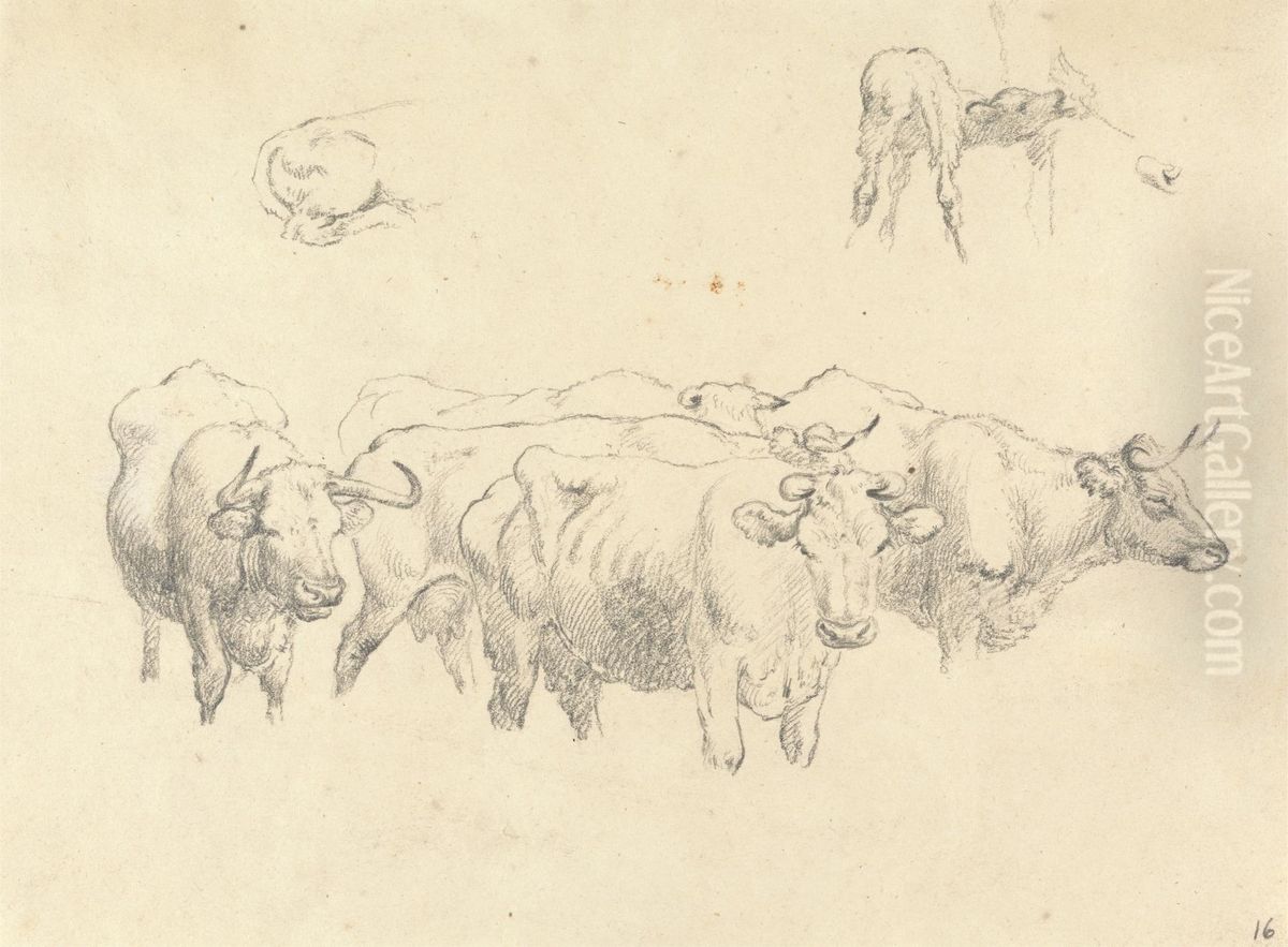 Study of Cows with Calf Oil Painting by Robert Hills