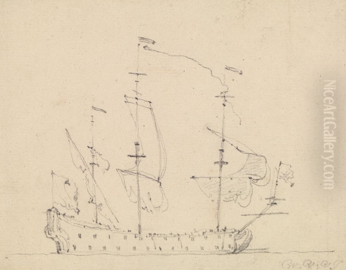 A Three Mast Warship Oil Painting by Willem van de Velde the Younger