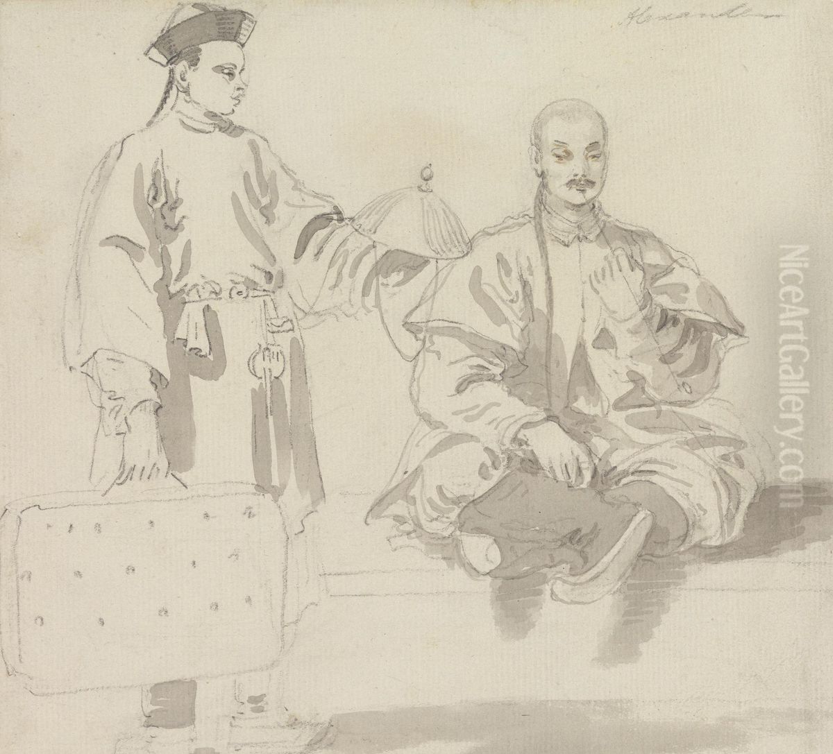 A Seller of Hats and a Man Sitting Cross-Legged, Smoking a Pipe Oil Painting by William Alexander