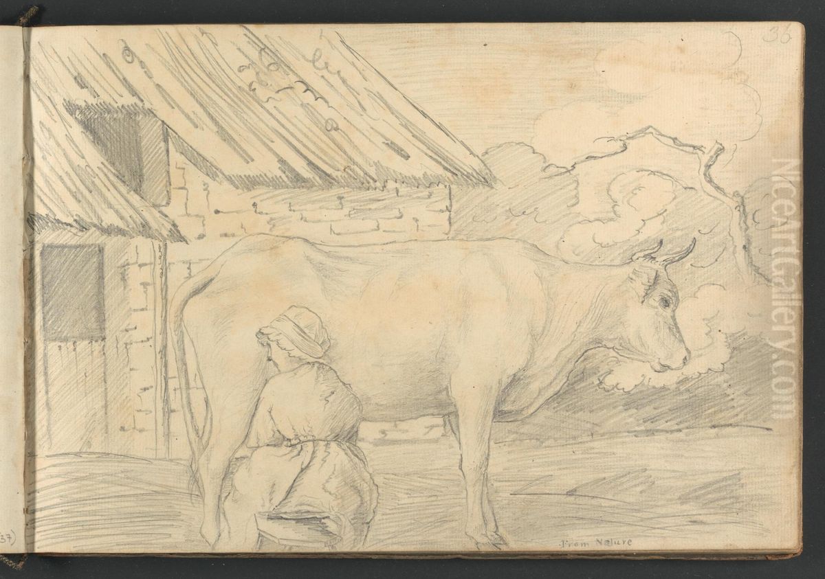 From Nature (A cow and a dairy maid) Oil Painting by William Brockedon
