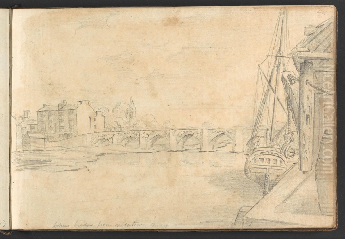 Totnes Bridge from Bridgetown Quay Oil Painting by William Brockedon