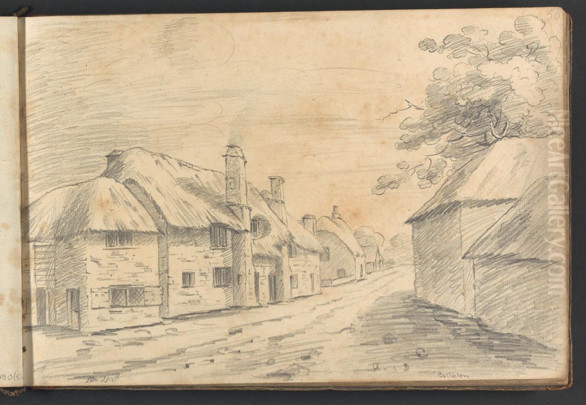 Cottages (Inscription illegible) Oil Painting by William Brockedon