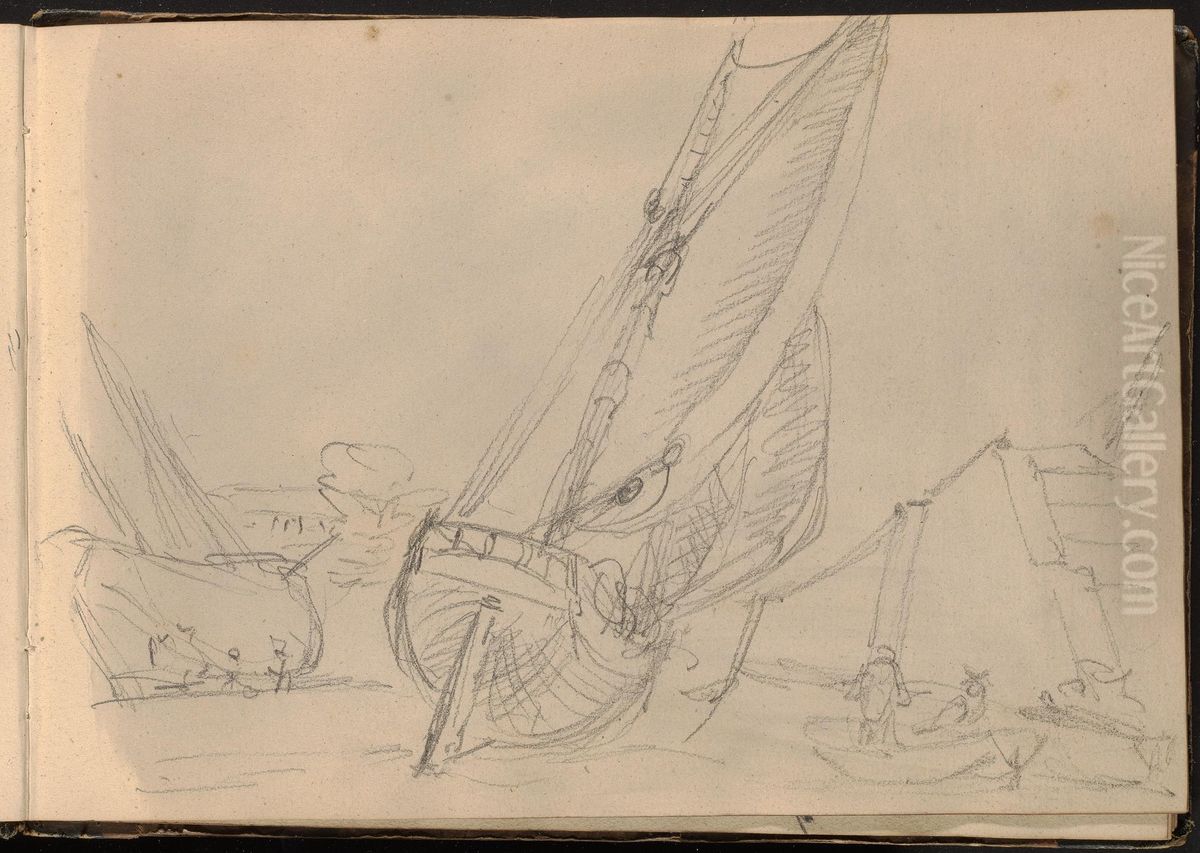 Sketch of Boats in a Harbor Oil Painting by William Brockedon