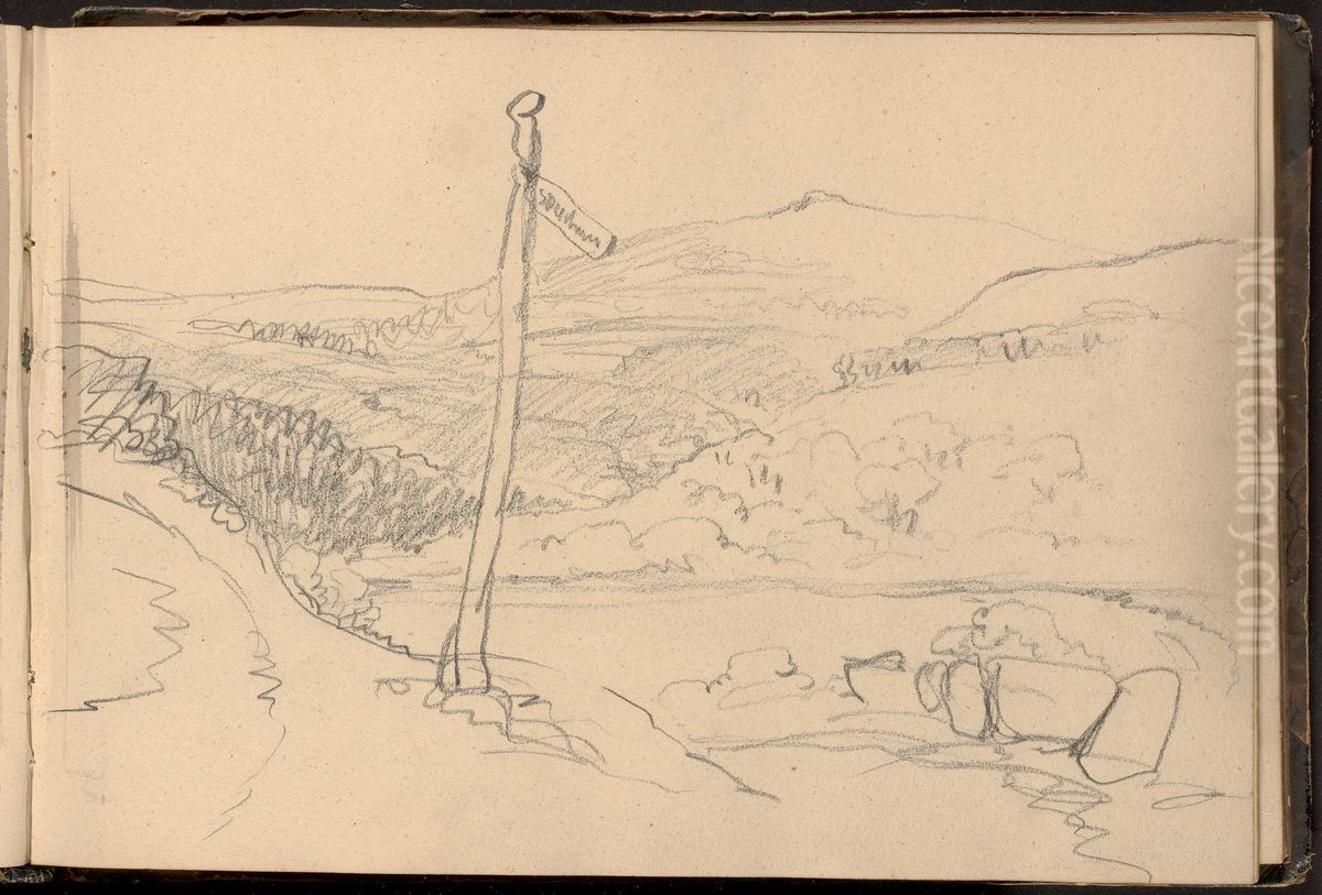 Landscape Scene with Signpost Oil Painting by William Brockedon