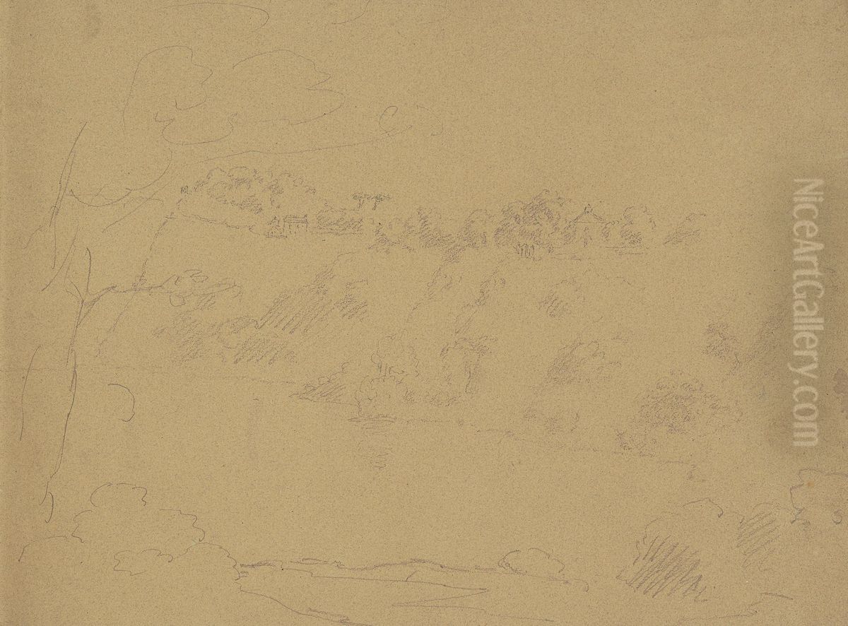 Houses on a Bluff Overlooking a River Oil Painting by William Brockedon