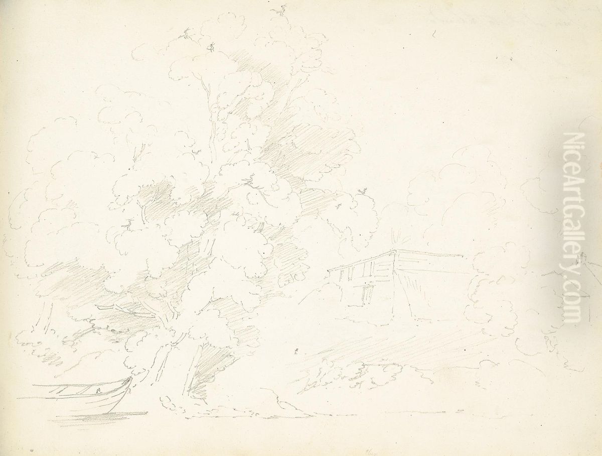 Buildings on a Riverfront Oil Painting by William Brockedon