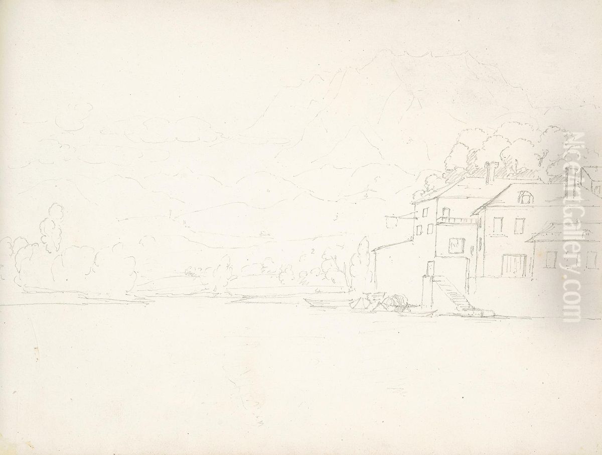 Building Along a River with Mountains in the Distance Oil Painting by William Brockedon