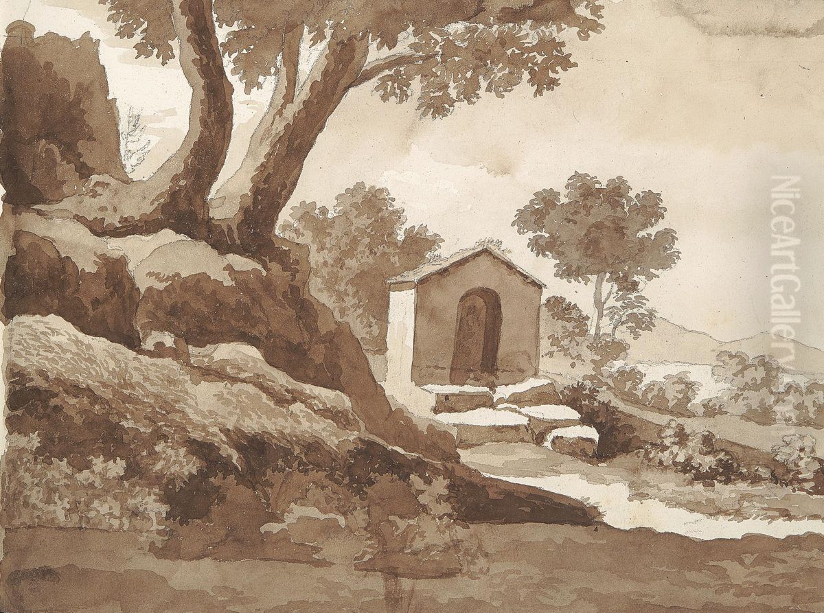 Building in a Rural Setting Oil Painting by William Brockedon