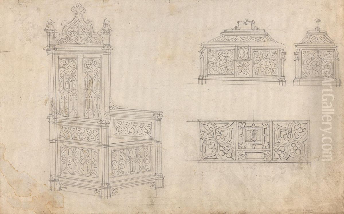 Design for a Gothic Chair and Box Oil Painting by Augustus Pugin