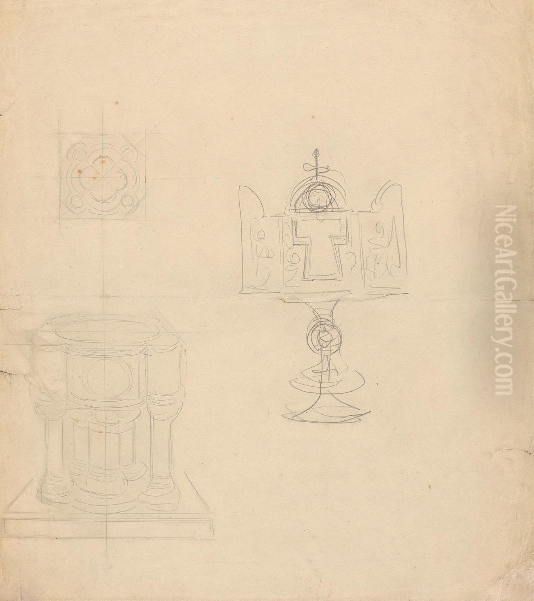 Designs for a Baptismal Font and a Tabernacle Oil Painting by Augustus Pugin