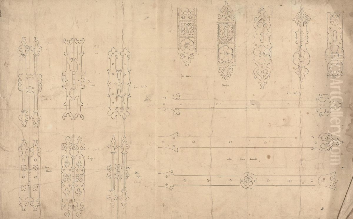 Designs for Gothic Hinges, Keyplates and Doorstraps Oil Painting by Augustus Pugin