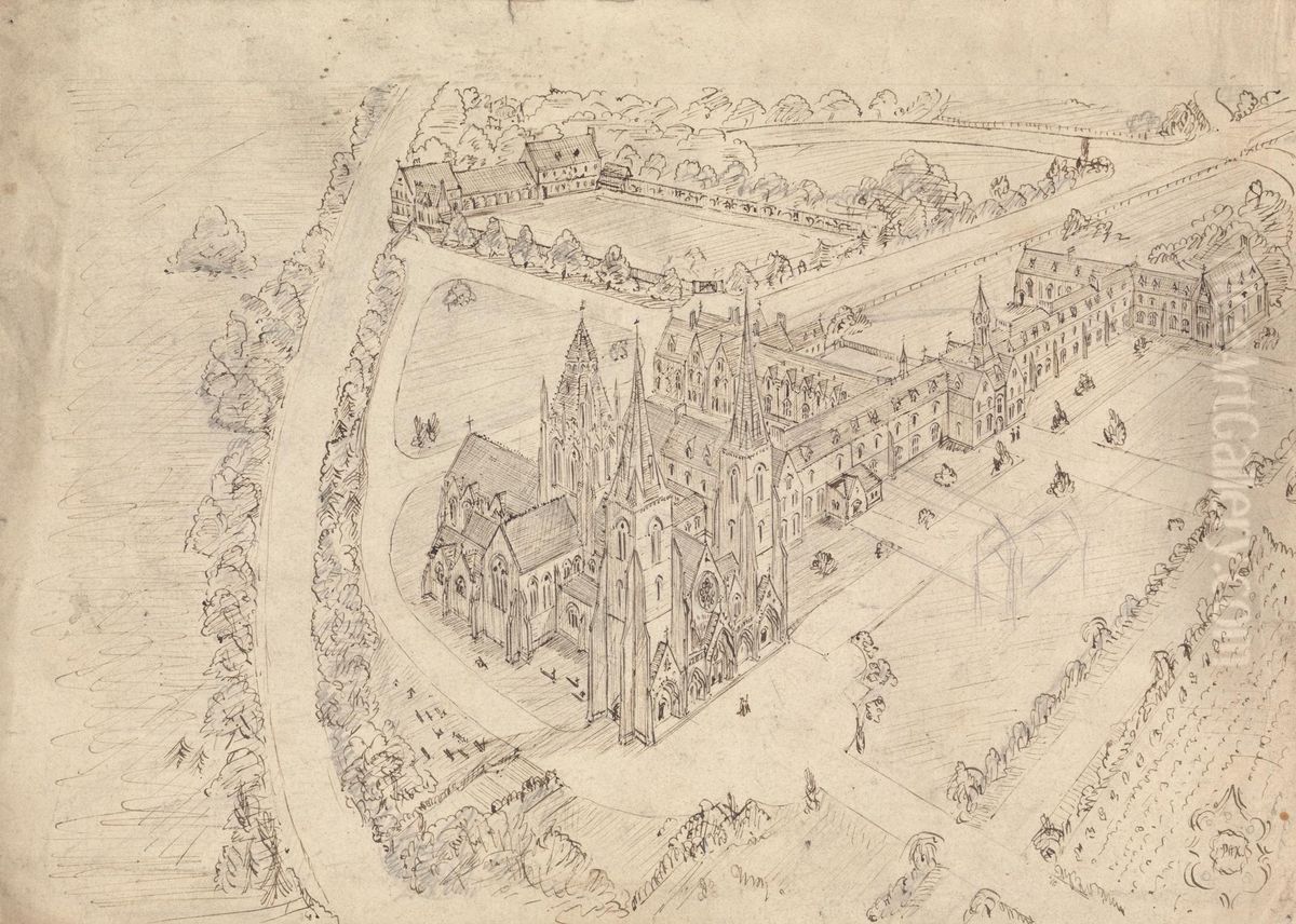Sketch of a Gothic Church and Monastery Oil Painting by Augustus Pugin
