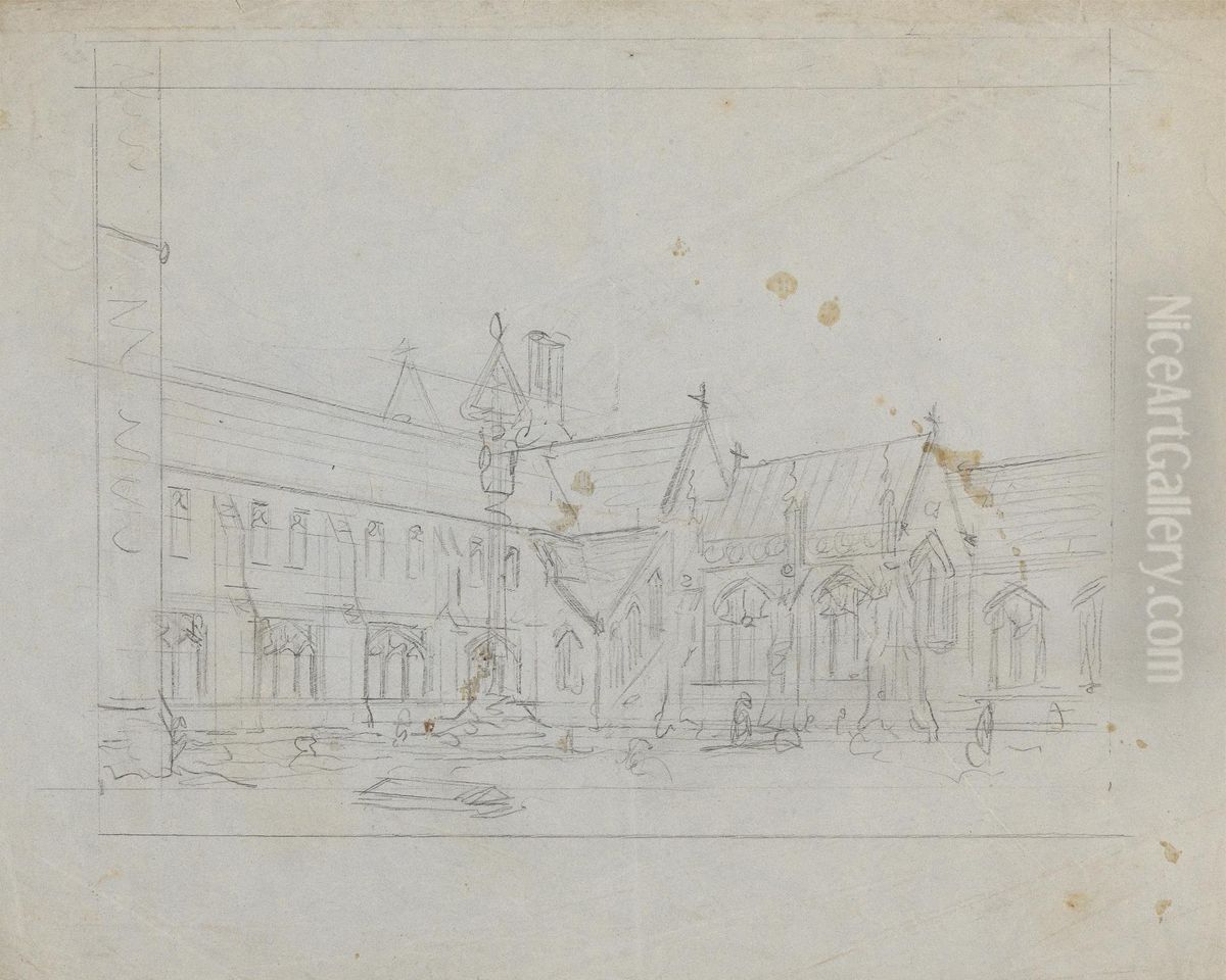 Sketch of a Gothic Church Oil Painting by Augustus Pugin