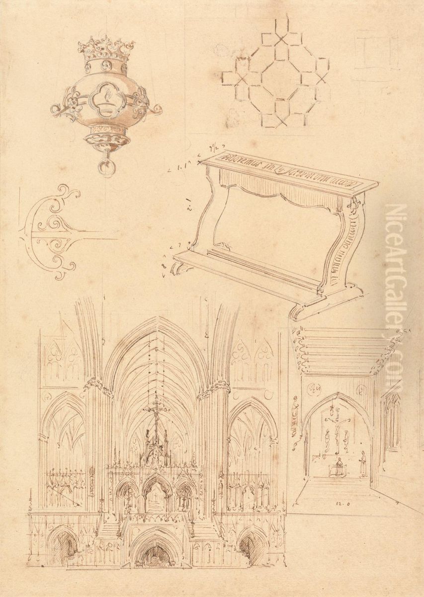 Designs for Gothic Ornamentation, a Kneeler, and Two Sketches of the Interiors of Gothic Churches Oil Painting by Augustus Pugin