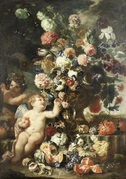 Roses, carnations, tulips and other flowers in a carved stone vase with putti on a stone ledge with split melons, grapes, peaches and other fruit Oil Painting by Franz Werner Tamm