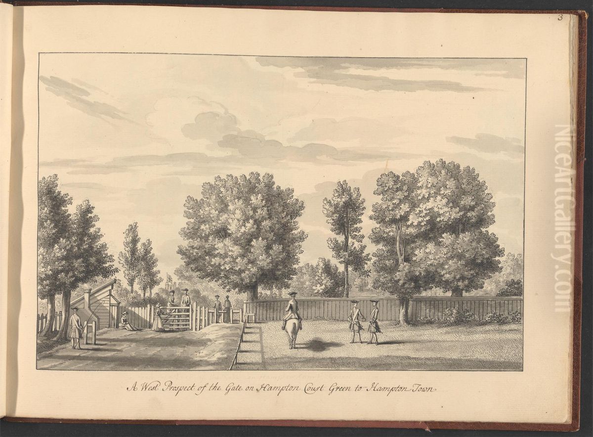 A Volume of ten drawings of Hampton Court taken by the life - A West Prospect of the Gate on Hampton Court Green to Hampton Town Oil Painting by Bernard Lens III