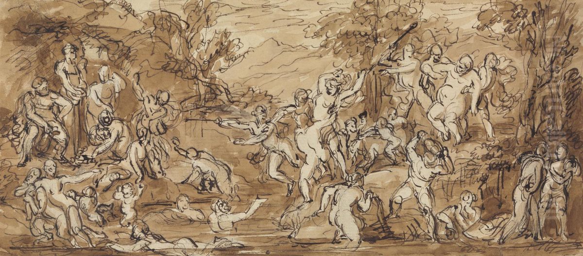 Figure Study of a Bacchanalia Celebration in a Wooded Landscape Oil Painting by Robert Smirke