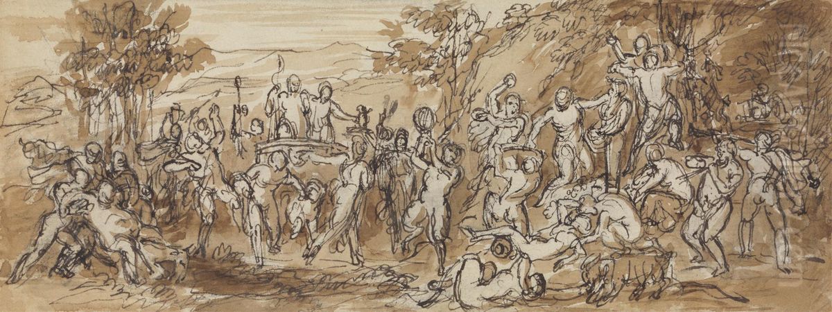 Figure Study of a Bacchanalia Celebration in a Wooded Landscape Oil Painting by Robert Smirke