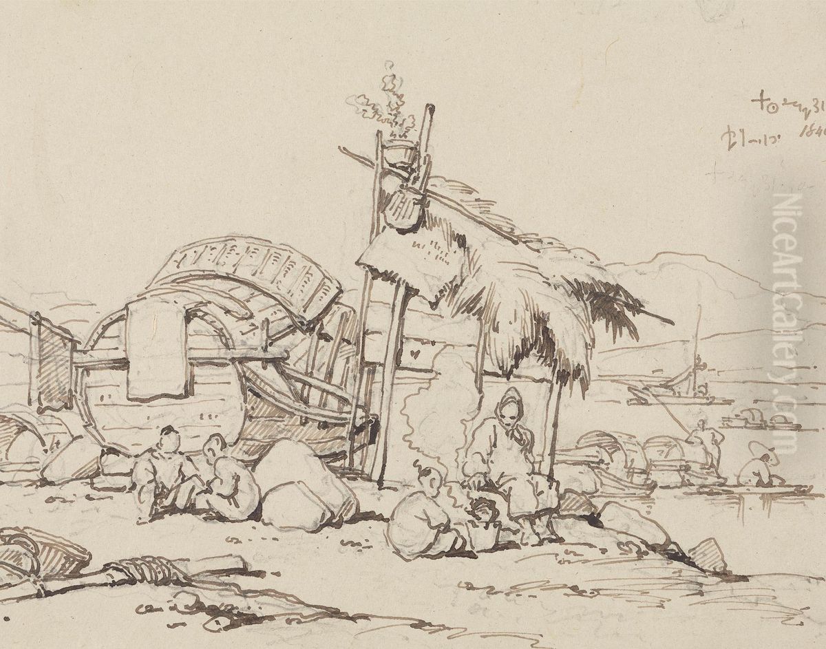 Old Man and Children Seated, Cooking Oil Painting by George Chinnery