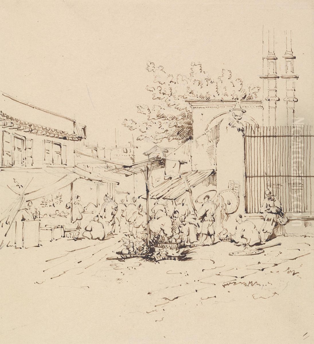 Street Scene with Merchants Selling Wares Oil Painting by George Chinnery
