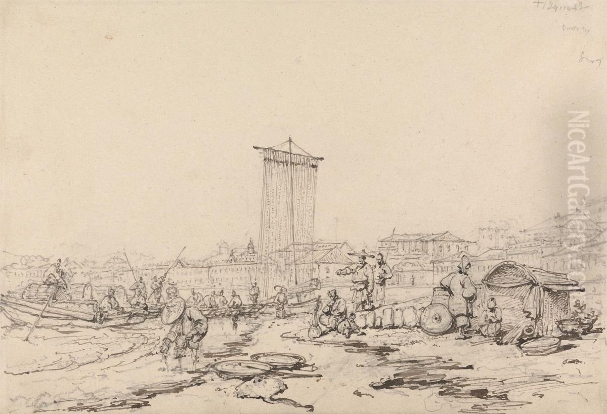 Coast Scene with Fishermen and Buildings, Macao Oil Painting by George Chinnery