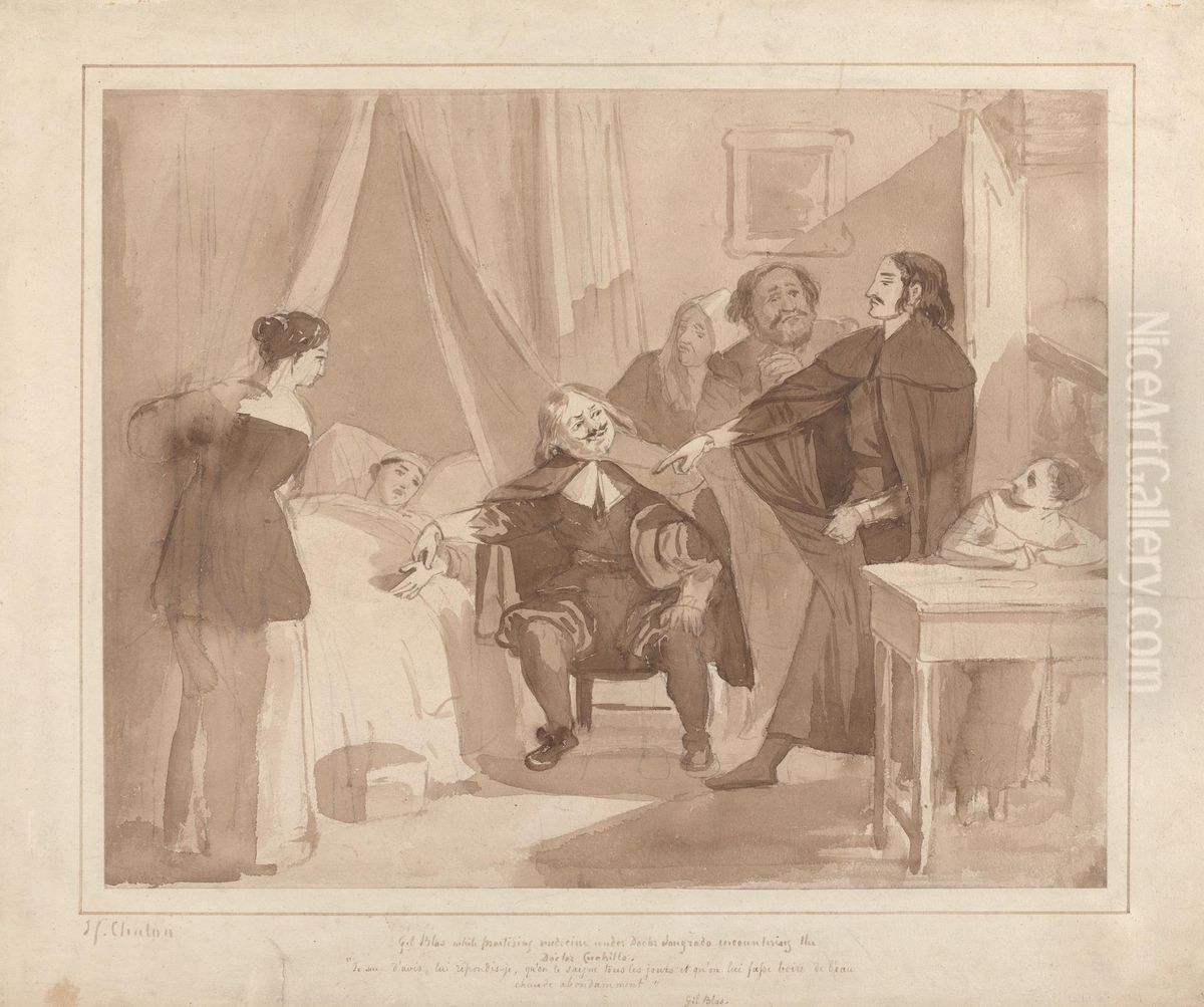 Gil Blas, While Practising Medicine under Dr. Sangrado, Encounters Dr. Cuchillo at the Bedside of the Grocer Oil Painting by John James Chalon