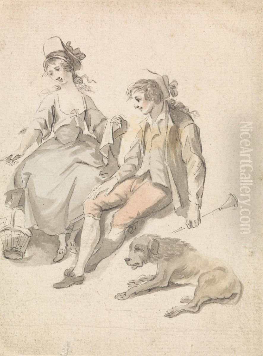 Shepherd, Shepherdess and Dog Oil Painting by Michel-Vincent Brandoin