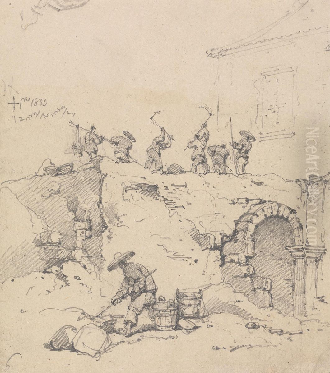 Chinese Coolies Demolishing a Building Oil Painting by George Chinnery