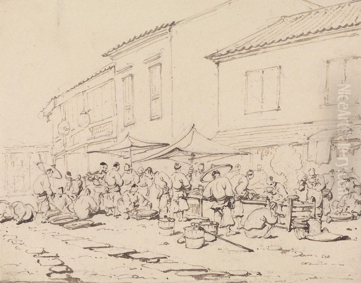 A Market Place and Crowd Oil Painting by George Chinnery