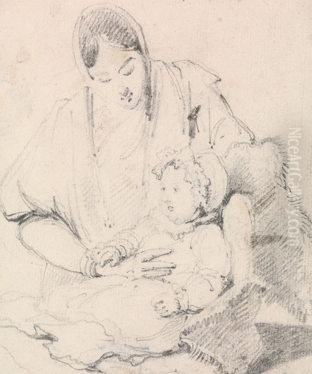 Young Indian Nurse with English Child Oil Painting by George Chinnery