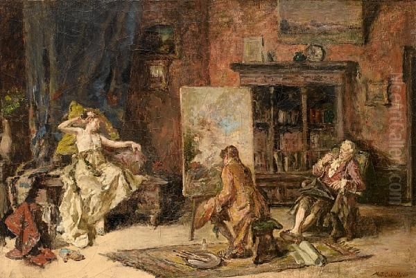 In The Artist's Studio Oil Painting by Maximo Juderias Caballero