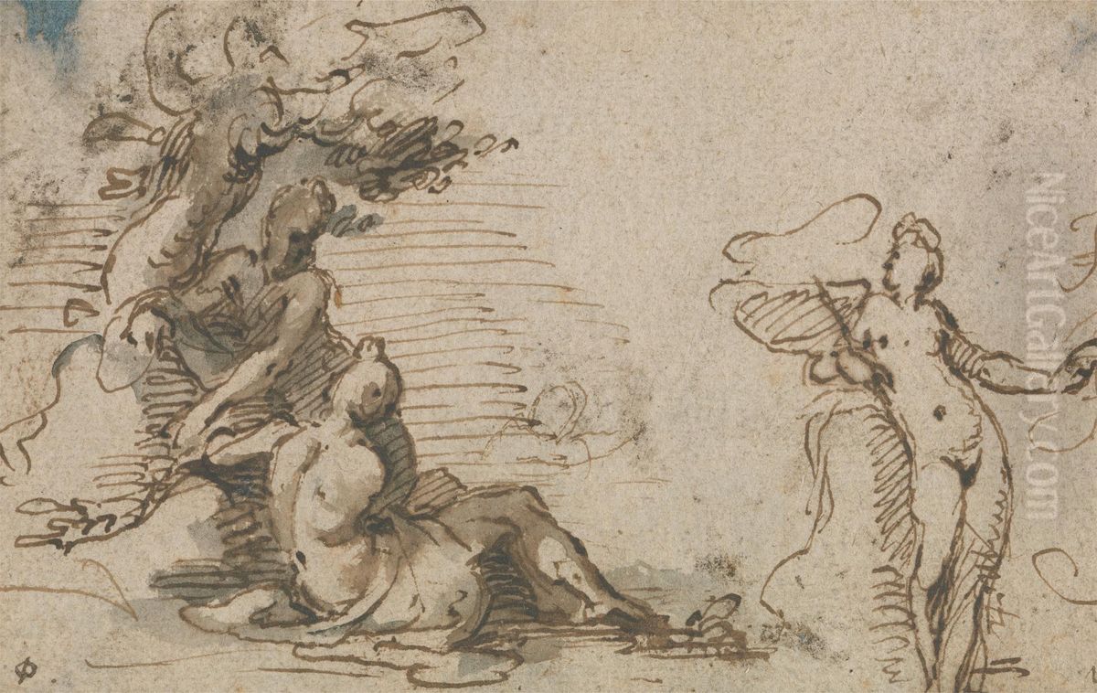 Classical Study of Three Figures Oil Painting by Isaac Oliver