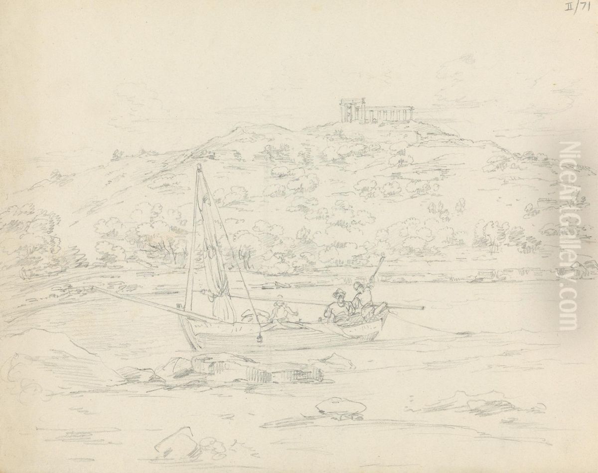 Figures in a Sailboat, With a Temple in the Distance Oil Painting by Robert Smirke