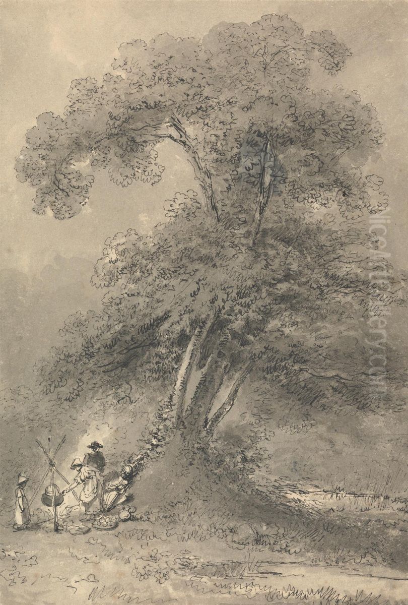 A Family Cooking Under A Tree Oil Painting by John Thomas Smith